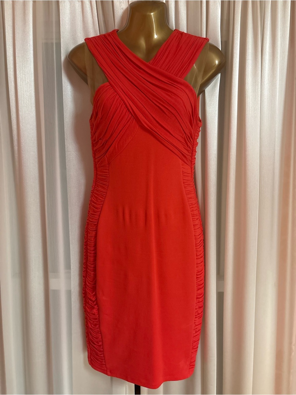 Bailey 44 Coral Cross-Drape Ruched Midi Dress